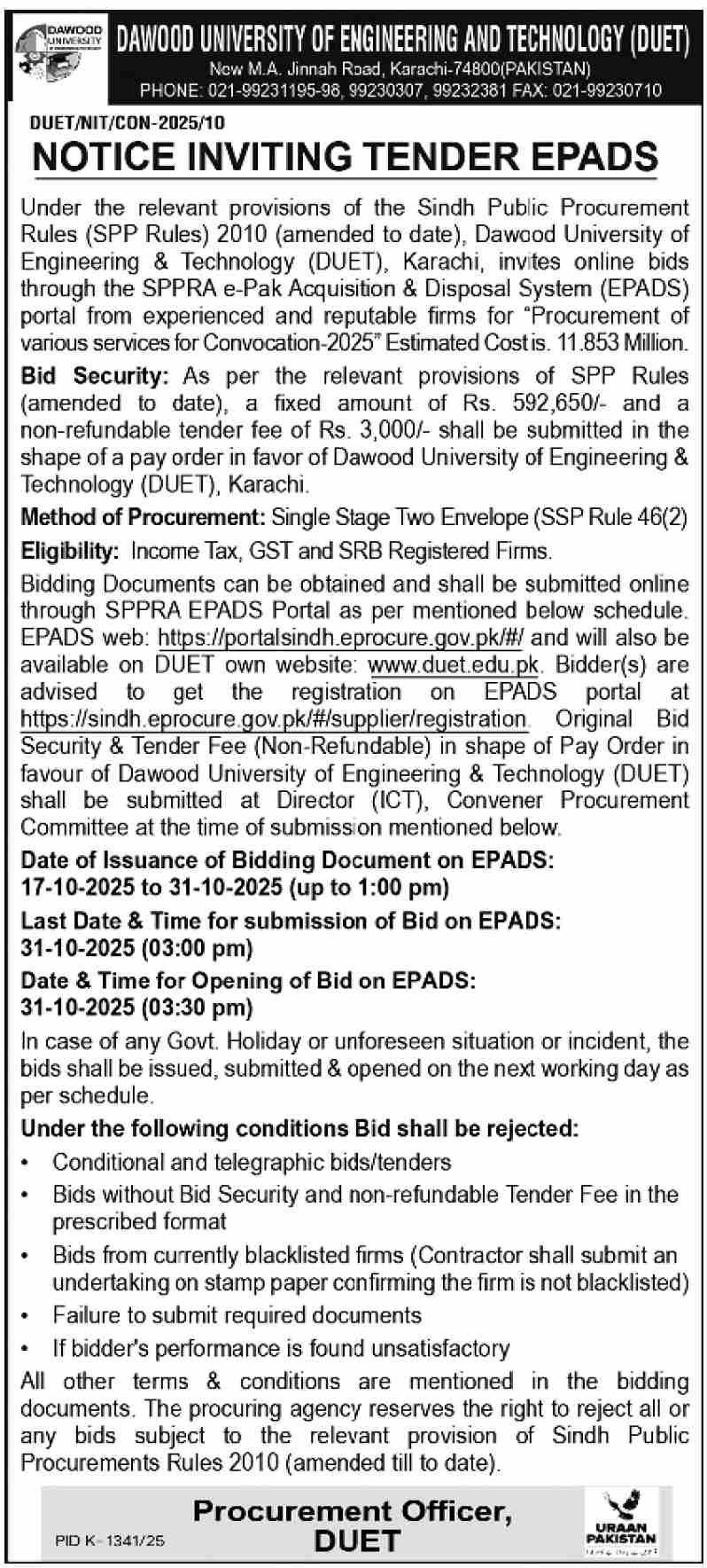 Dawood University of Enginering & Technology Karachi Tender Notice